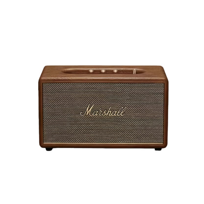 Front view of the Marshall Stanmore III Bluetooth speaker in vintage brown, highlighting the retro vinyl wrap and gold detailing.