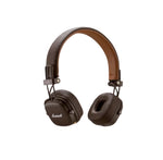 Brown leather variant of Marshall Major IV wireless on-ear headphones, featuring rich texture, vintage-inspired design, and signature Marshall branding on the earcup.