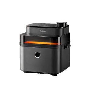 The sleek, black Midea 7.3L Large-Capacity Air Fryer with its prominent viewing window, shown from a front-angle perspective on a clean white background.