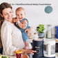 Happy mother holding her baby while using the Beaba Babycook Neo multifunctional baby food maker—preparing fresh meals with 6-in-1 functions including steam, blend, defrost, reheat, cook, and mix.