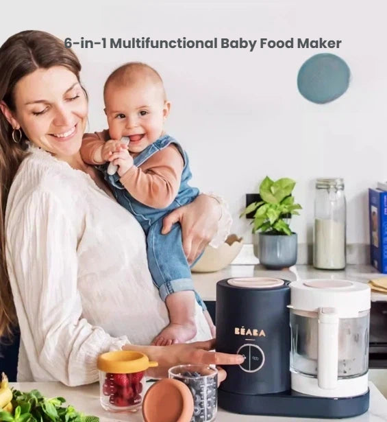 Happy mother holding her baby while using the Beaba Babycook Neo multifunctional baby food maker—preparing fresh meals with 6-in-1 functions including steam, blend, defrost, reheat, cook, and mix.