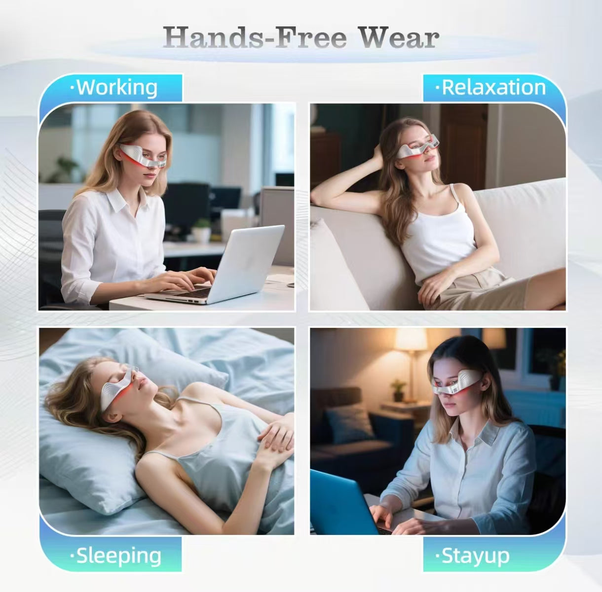 Woman using NNEOBA EMS microcurrent eye massager in various settings: working at laptop, relaxing on sofa, sleeping, and staying up late — demonstrating hands-free, wearable comfort during daily activities.