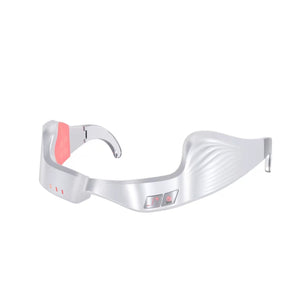 Front view of NNEOBA EMS microcurrent eye massager in white color featuring red LED indicators, adjustable intensity buttons, and ergonomic design for comfortable wear.