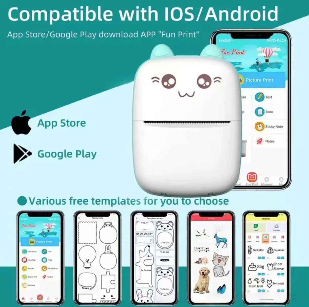 NNEOBA portable thermal printer shown with smartphone displaying "Fun Print" app interface. Compatible with Apple App Store and Google Play. Offers free templates for text, to-do lists, sticky notes, pictures, and stickers