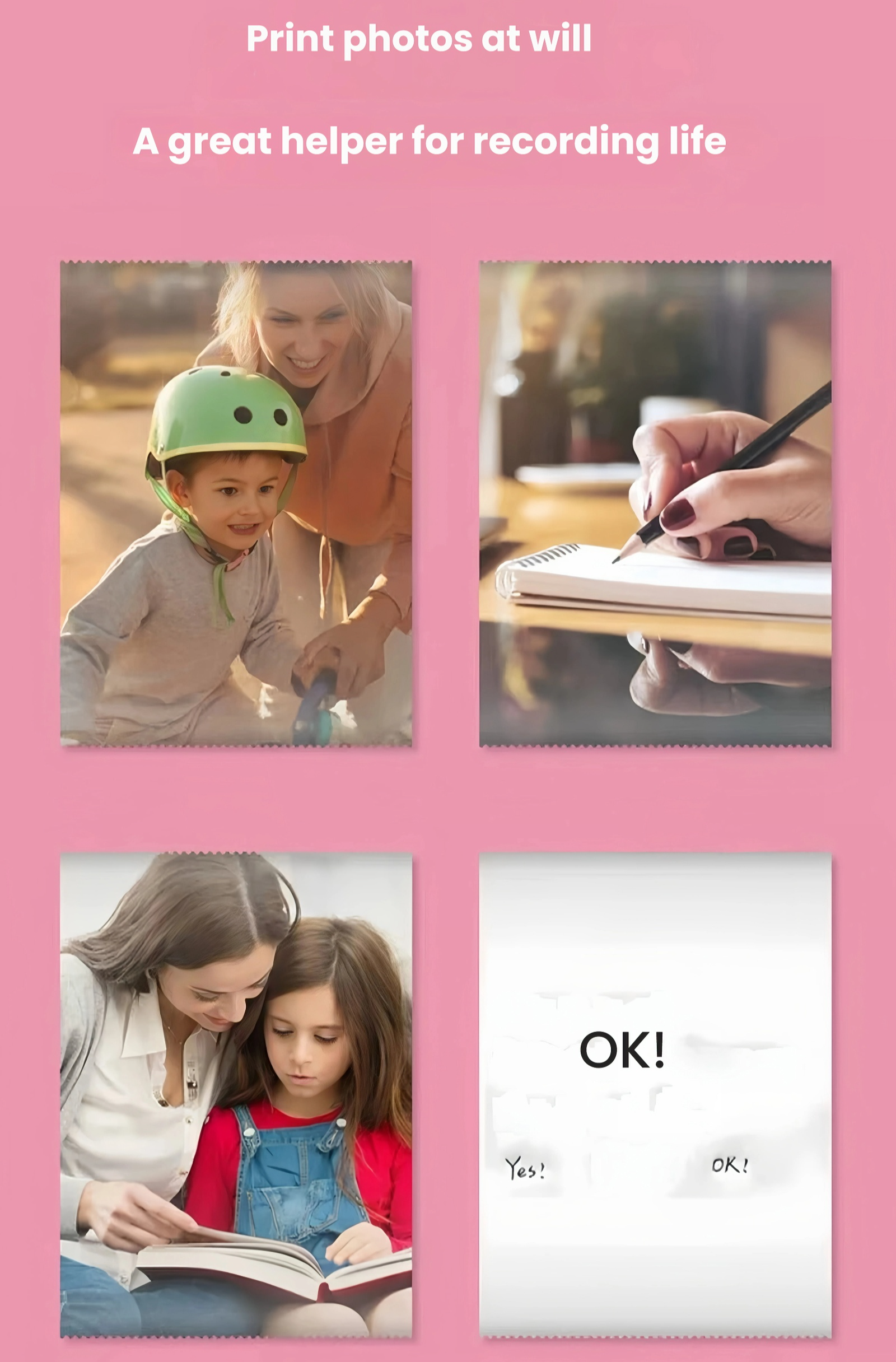 Lifestyle collage showing printed photos of family moments and handwritten notes from NNEOBA mini printer. Highlights its use as a great helper for recording life, school, and daily planning.