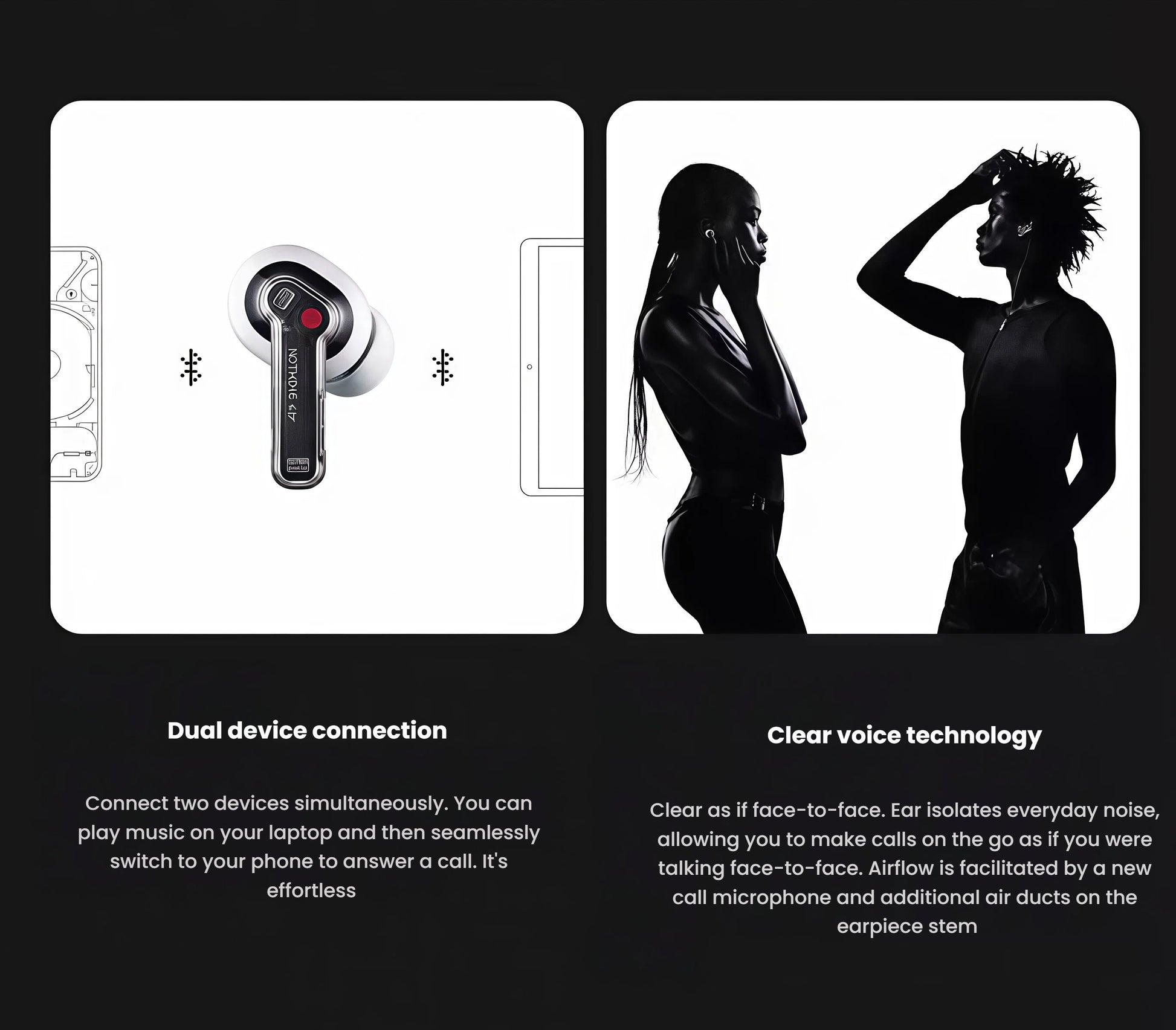 Dual-panel image illustrating NOTHING Ear (a)'s dual device connection feature and clear voice technology — enabling seamless switching between devices and face-to-face call clarity with advanced microphone and airflow design.