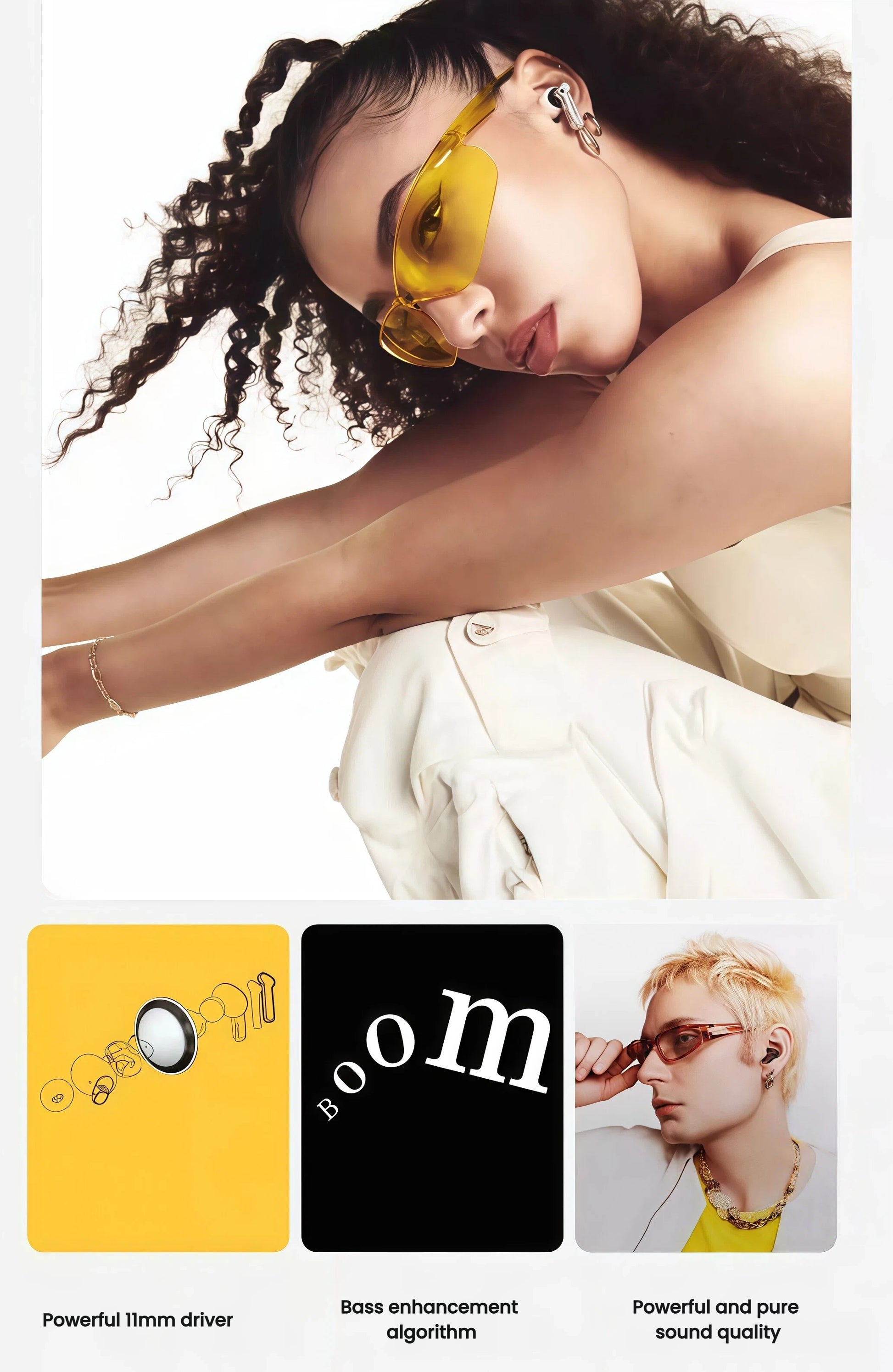 Lifestyle photo of a model wearing NOTHING Ear (a) with bold yellow sunglasses, emphasizing the premium sound quality, powerful 11mm dynamic driver, bass enhancement algorithm, and pure audio experience.