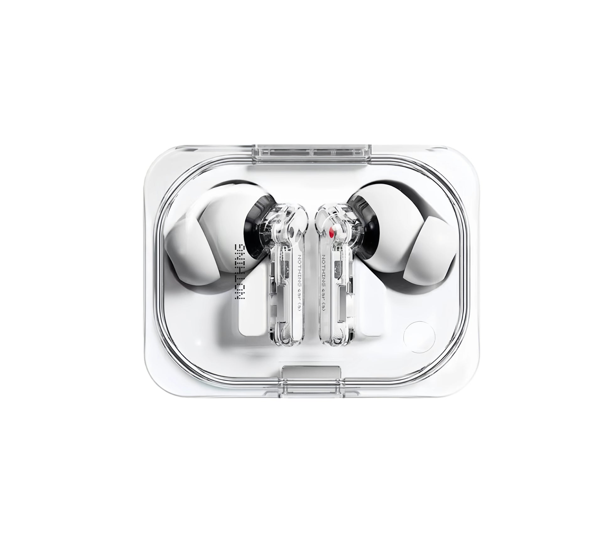 Top view of white NOTHING Ear (a) wireless earbuds in a transparent charging case, showcasing the minimalist design, visible internal circuitry, and clean aesthetic.