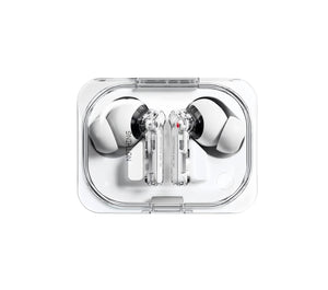 Top view of white NOTHING Ear (a) wireless earbuds in a transparent charging case, showcasing the minimalist design, visible internal circuitry, and clean aesthetic.
