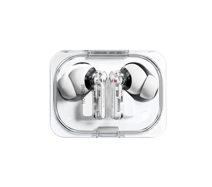 Top view of white NOTHING Ear (a) wireless earbuds in a transparent charging case, showcasing the minimalist design, visible internal circuitry, and clean aesthetic.