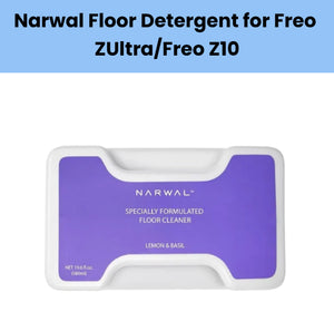 Front view of the Narwal Floor Detergent pod, a specially formulated cleaning solution designed for use with Freo ZUltra and Freo Z10 robotic vacuums. The white rectangular container features a purple label with "Lemon & Basil" scent branding and a net volume of 19.6 fl. oz. (580mL), highlighting its premium formula for safe, effective floor cleaning.
