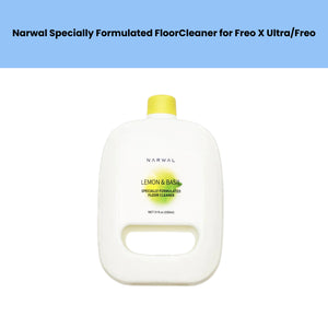 Front view of the Narwal Specially Formulated Floor Cleaner bottle, a 300mL (10.1 fl. oz.) cleaning solution designed for use with Freo X Ultra and Freo robotic vacuums. The white bottle features a yellow cap and minimalist label with "Lemon & Basil" scent branding, highlighting its safe, effective formula for hardwood, tile, and laminate floors.
