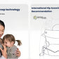 Mother using Nuna Cudl Clik Carrier’s magnetic snap technology—automatic locking for easy operation. Right panel shows diagram of hip-healthy "M" position recommended by the International Hip Dysplasia Institute.
