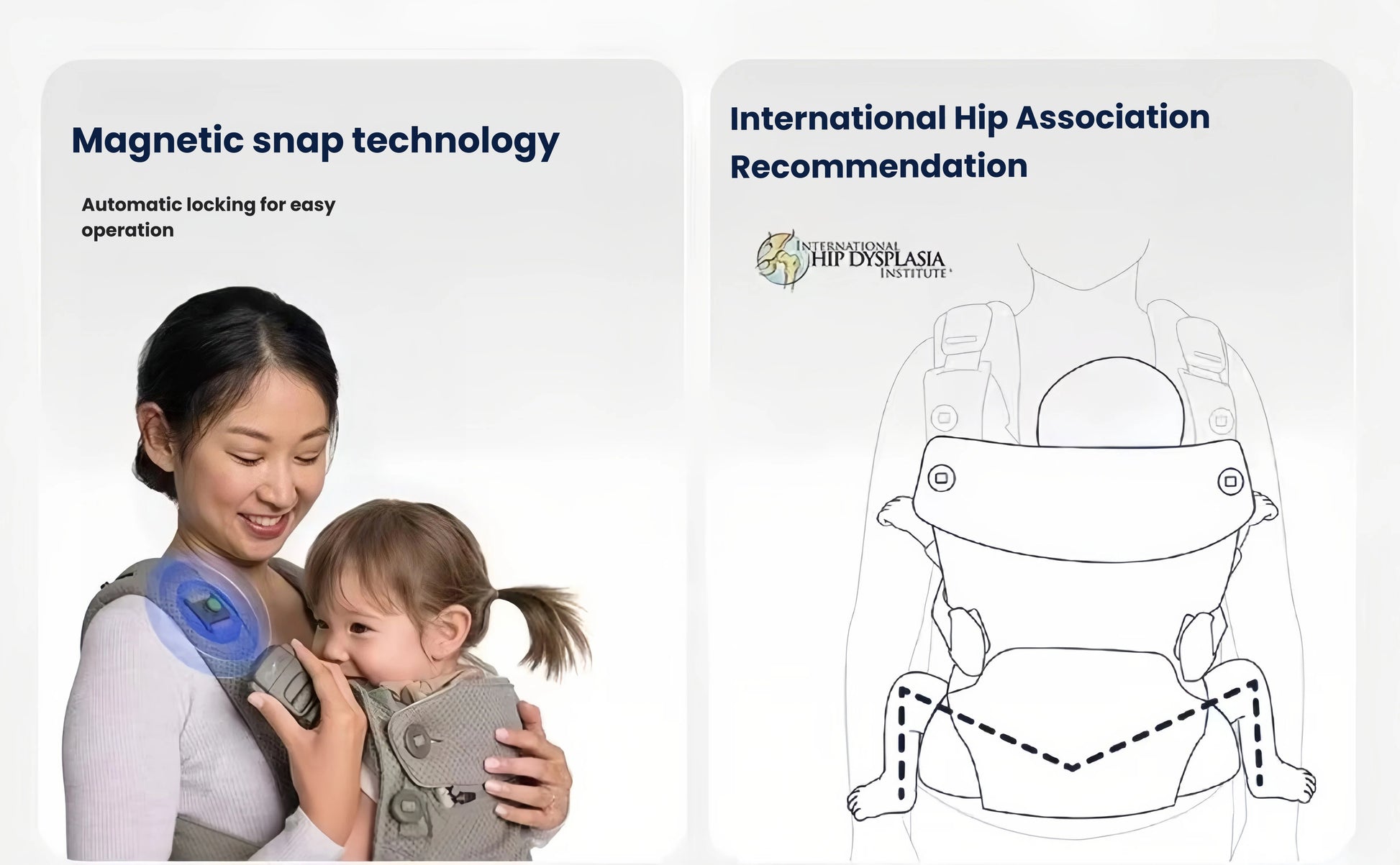 Mother using Nuna Cudl Clik Carrier’s magnetic snap technology—automatic locking for easy operation. Right panel shows diagram of hip-healthy "M" position recommended by the International Hip Dysplasia Institute.
