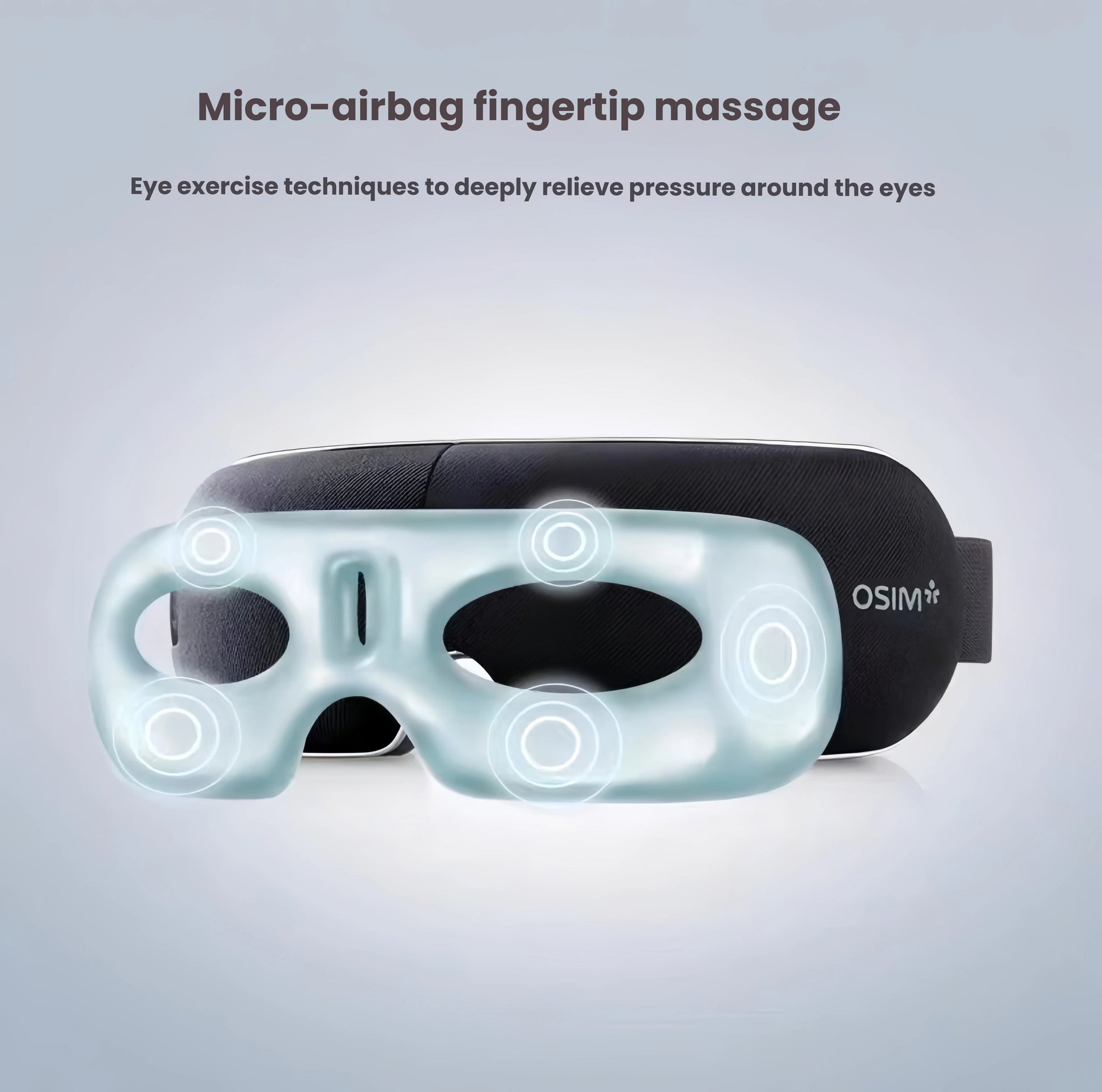 Illustration showing the micro-airbag system inside the OSIM uVision Air eye massager, simulating fingertip massage techniques to gently relieve pressure and stimulate blood flow around the eyes.