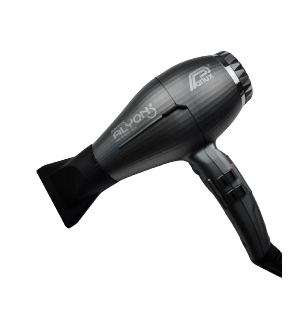 Side view of Parlux Alyon hair dryer with concentrator nozzle attached, showcasing professional-grade design and targeted airflow control.