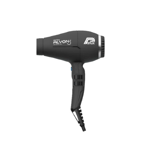 Parlux Alyon professional hair dryer in black, featuring dual heat settings, ionized airflow, and ergonomic design for salon-quality styling at home.