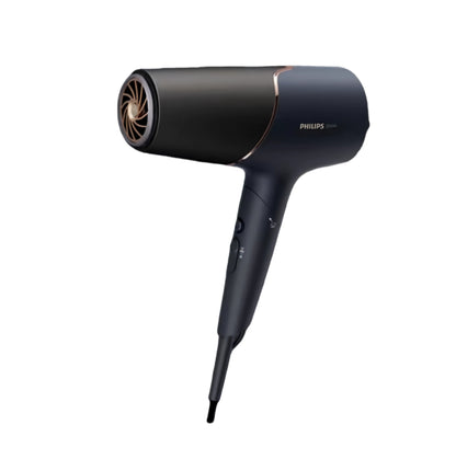 Philips 5000 Series hair dryer in sleek black and rose gold finish, featuring a foldable handle design for compact storage and easy travel.