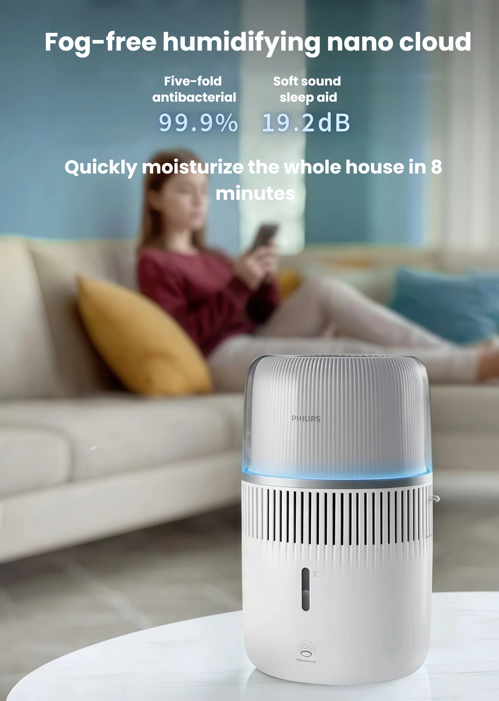 Philips 5000 Series air humidifier on side table in living room, creating fog-free nano cloud for healthy indoor air