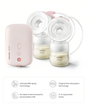 Philips Avent double breast pump featuring intimate milk spray technology and fast absorption design. Includes 8–16 adjustable suction levels and no need to lean forward during use.