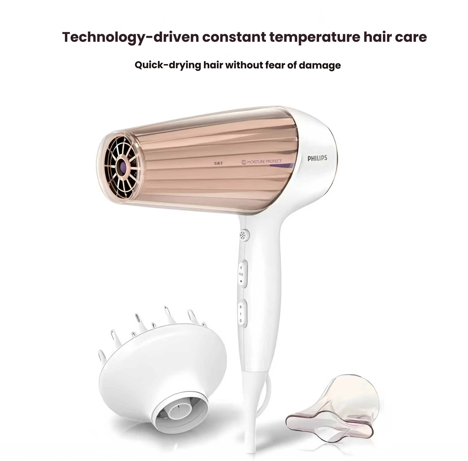 Philips DryCare Prestige hairdryer with advanced constant temperature system and smart moisture sensor, delivering fast drying without heat damage or frizz.