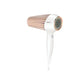 Philips DryCare Prestige hairdryer in elegant white and rose gold design, featuring Moisture Protect technology and intelligent heat control for healthy, shiny hair.