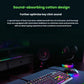 Desk setup featuring the Razer BlackWidow V4 X mechanical keyboard with sound-absorbing cotton layer beneath the circuit board and lubricated stabilizers, minimizing key click noise for a quiet and responsive typing experience.