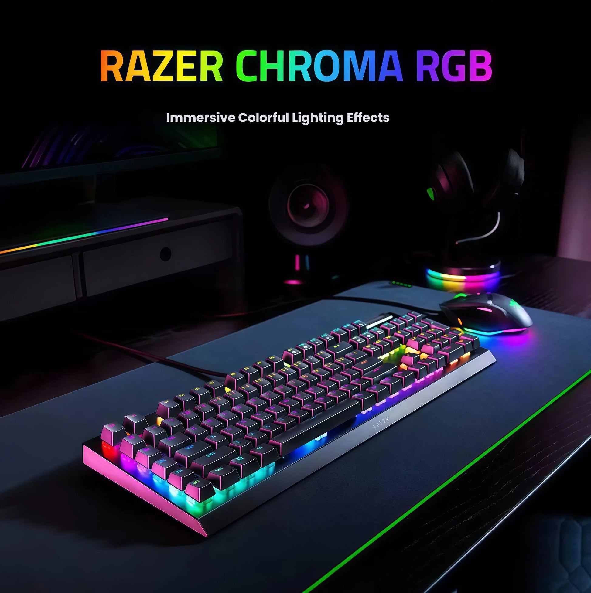Gaming desk setup with the Razer BlackWidow V4 X mechanical keyboard glowing with dynamic Razer Chroma RGB lighting effects, paired with a matching mouse and headset, creating an immersive and colorful gaming environment.