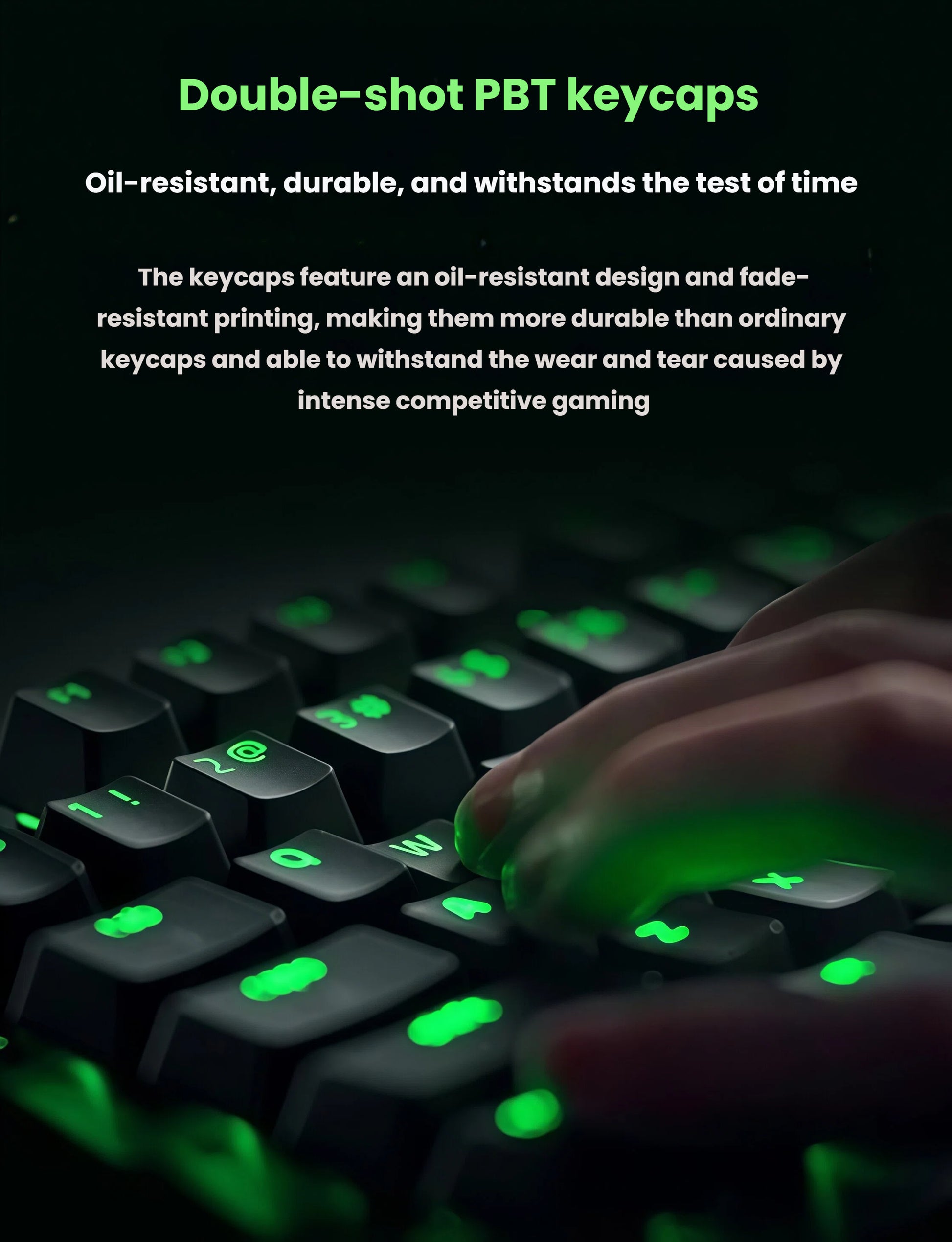 Close-up of hands typing on the Razer Huntsman V3 Pro Mini with green-lit double-shot PBT keycaps. Oil-resistant, fade-proof, and built to withstand intense gaming sessions and daily wear.