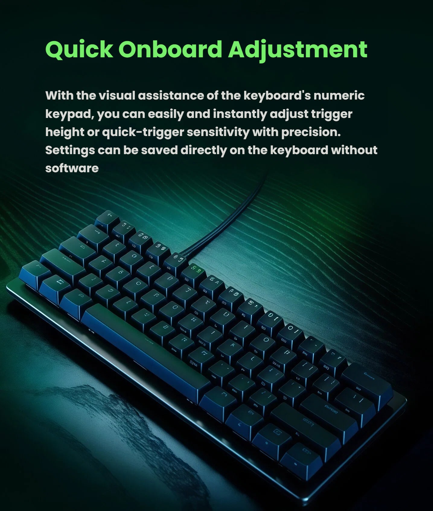 Side view of the Razer Huntsman V3 Pro Mini keyboard highlighting its onboard adjustment feature. Use the numeric keypad to instantly tune trigger height or quick-trigger sensitivity without software—perfect for competitive gameplay.