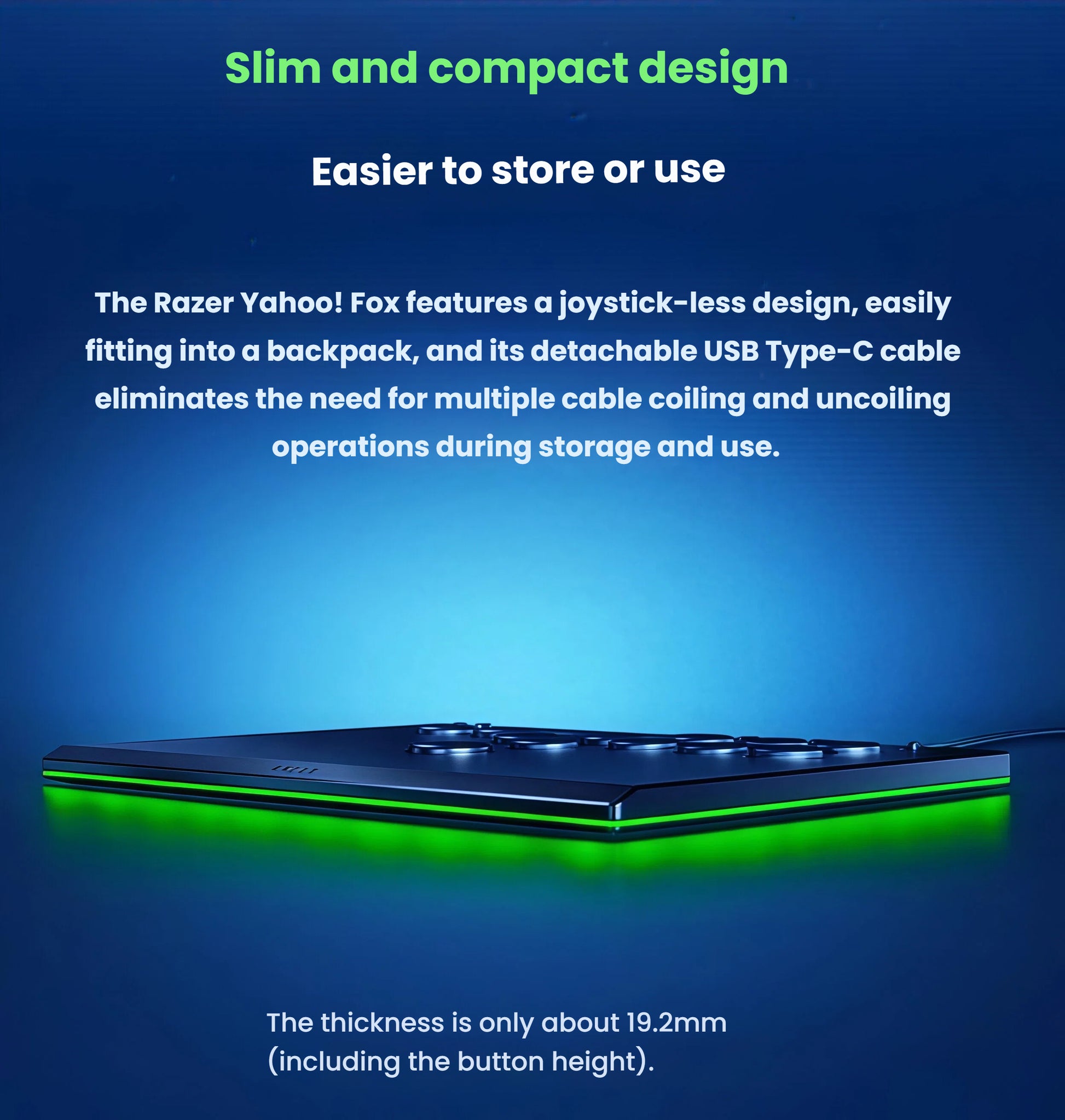 Side profile of the Razer Kitsune emphasizing its 19.2 mm thickness, detachable USB-C cable, and compact form factor that fits easily in a backpack.