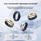 Four RingConn Gen 2 rings (black, silver, gold, brushed gold) floating above soft fabric, emphasizing 2 mm thin and 2 g lightweight construction.