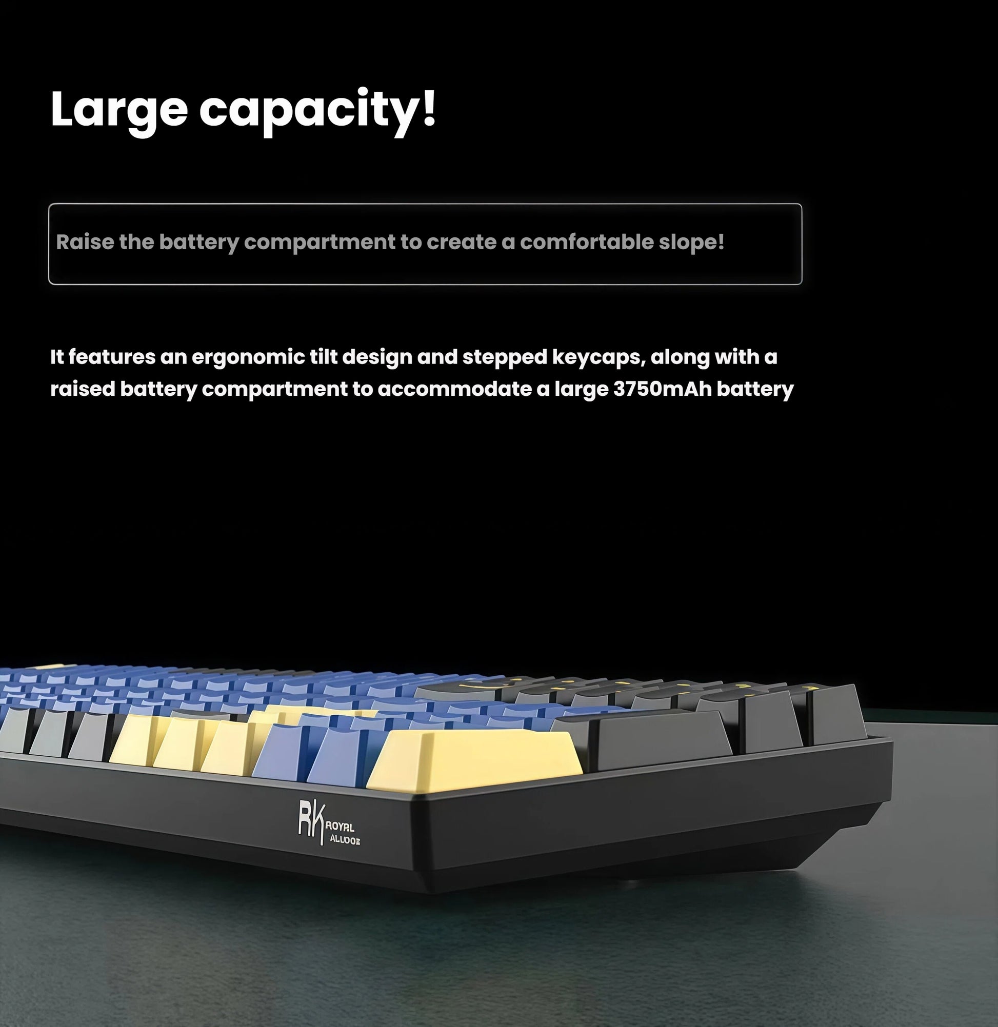 Side view of the Royal Kludge RK100 mechanical keyboard showing its ergonomic tilt design and raised battery compartment. The angled chassis provides a comfortable typing slope, while the internal 3750mAh lithium battery ensures long-lasting wireless performance for gaming and office use.