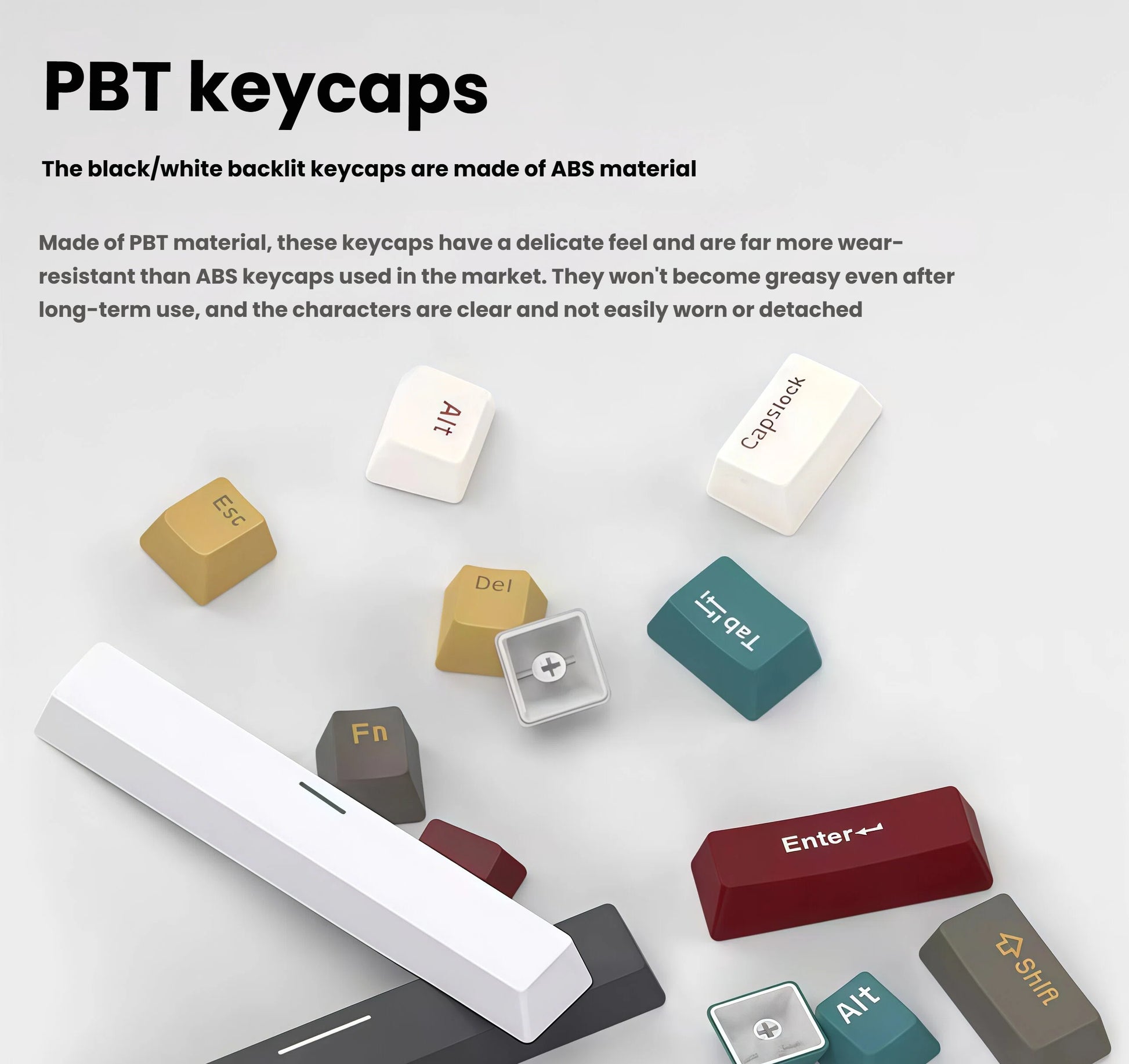 Close-up of Royal Kludge RK100 keyboard keycaps highlighting the difference between durable PBT material (white, red, teal) and standard ABS backlit keys. PBT keycaps resist wear, prevent oil buildup, and maintain clear legends over time, offering superior longevity and tactile feel.