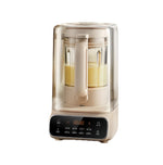 The SUPOR multi-function high-speed blender in a stylish beige finish, featuring its soundproof cover, a digital LED display, and the blending cup filled with fresh soy milk.