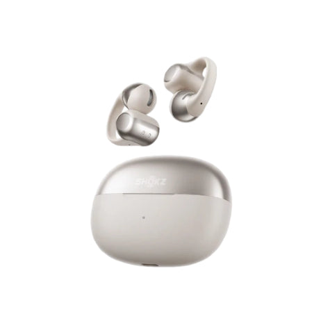 Shokz OpenDots One open-ear wireless earbuds in silver floating above the charging case — sleek design with secure ear clip and premium build for all-day comfort.