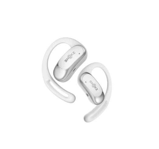 White Shokz OpenFit Air open-ear wireless headphones with sleek design and ergonomic ear hooks for secure, comfortable wear during daily activities.