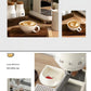 A collage showing the Smeg espresso machine's versatility: a perfectly made cappuccino with latte art, and a view of the removable drip tray which allows the machine to accommodate taller coffee cups and glasses.