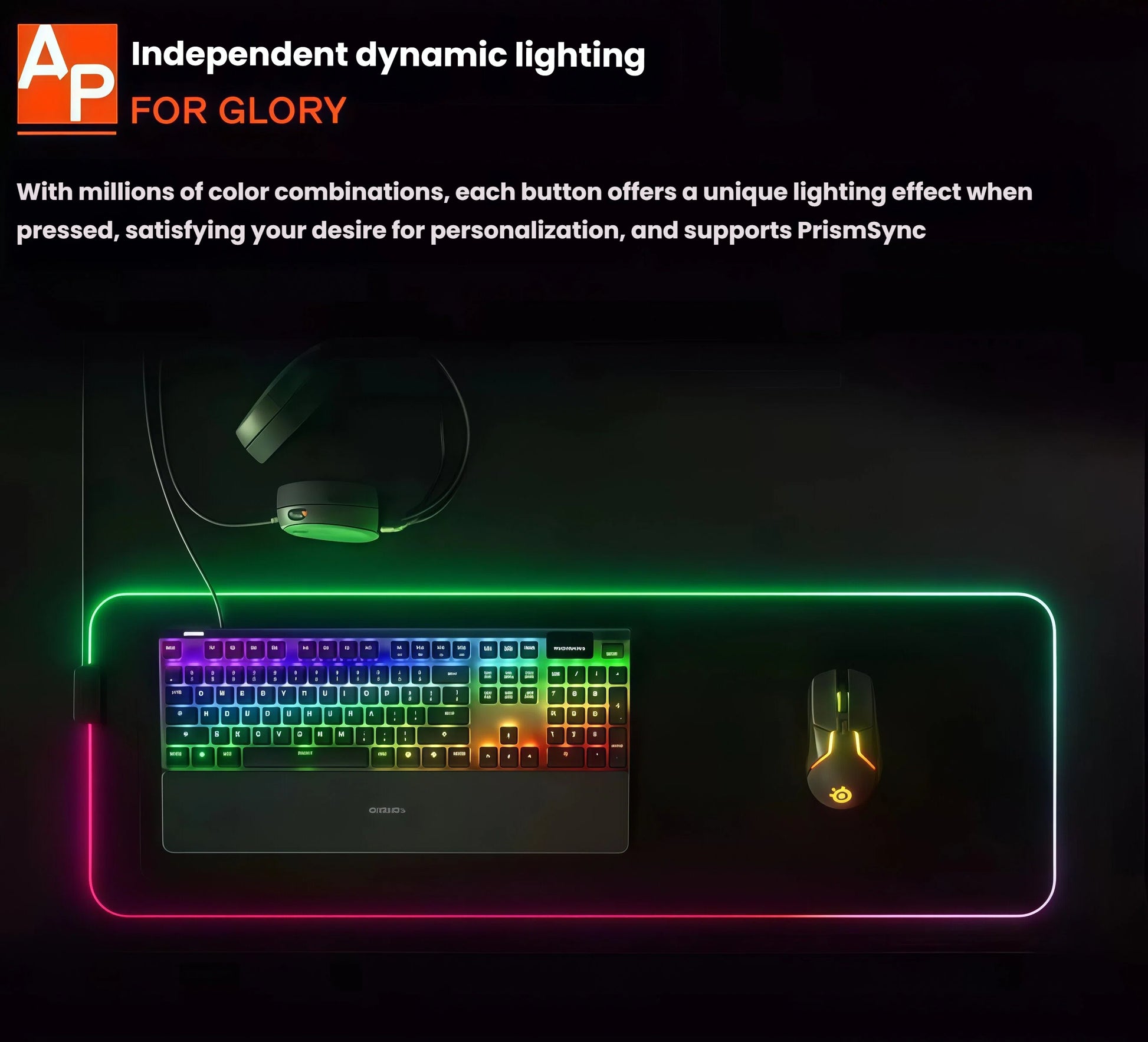 Full desk setup featuring the SteelSeries Apex Pro mechanical gaming keyboard with vibrant RGB backlighting, paired with a matching mouse and headset, all synchronized via PrismSync for immersive multi-device lighting effects.