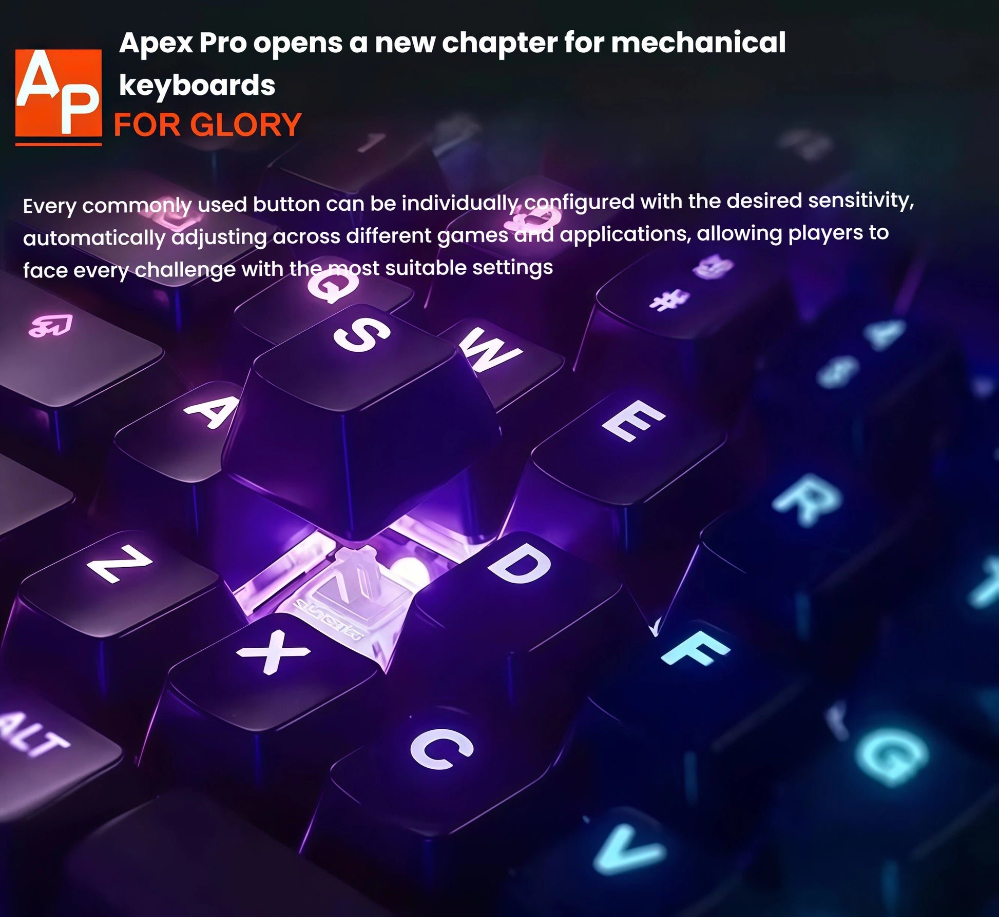 Macro view of the SteelSeries Apex Pro keyboard showing illuminated keycaps and optical switches, emphasizing per-key customizable sensitivity settings for optimal performance across games and applications.