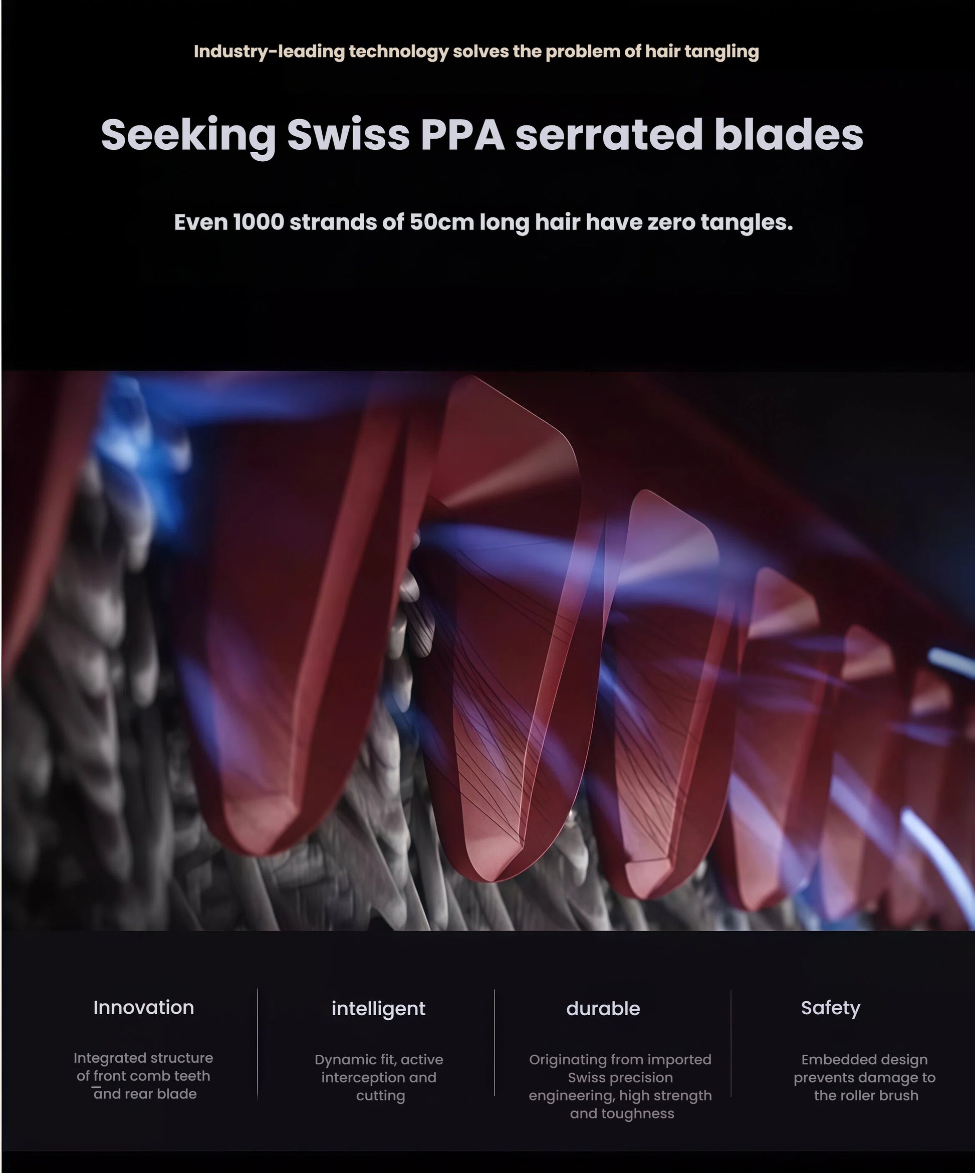  Macro shot of the red PPA blades slicing through 1000 strands of 50 cm hair without tangling, emphasizing durability and safety for all floor types.