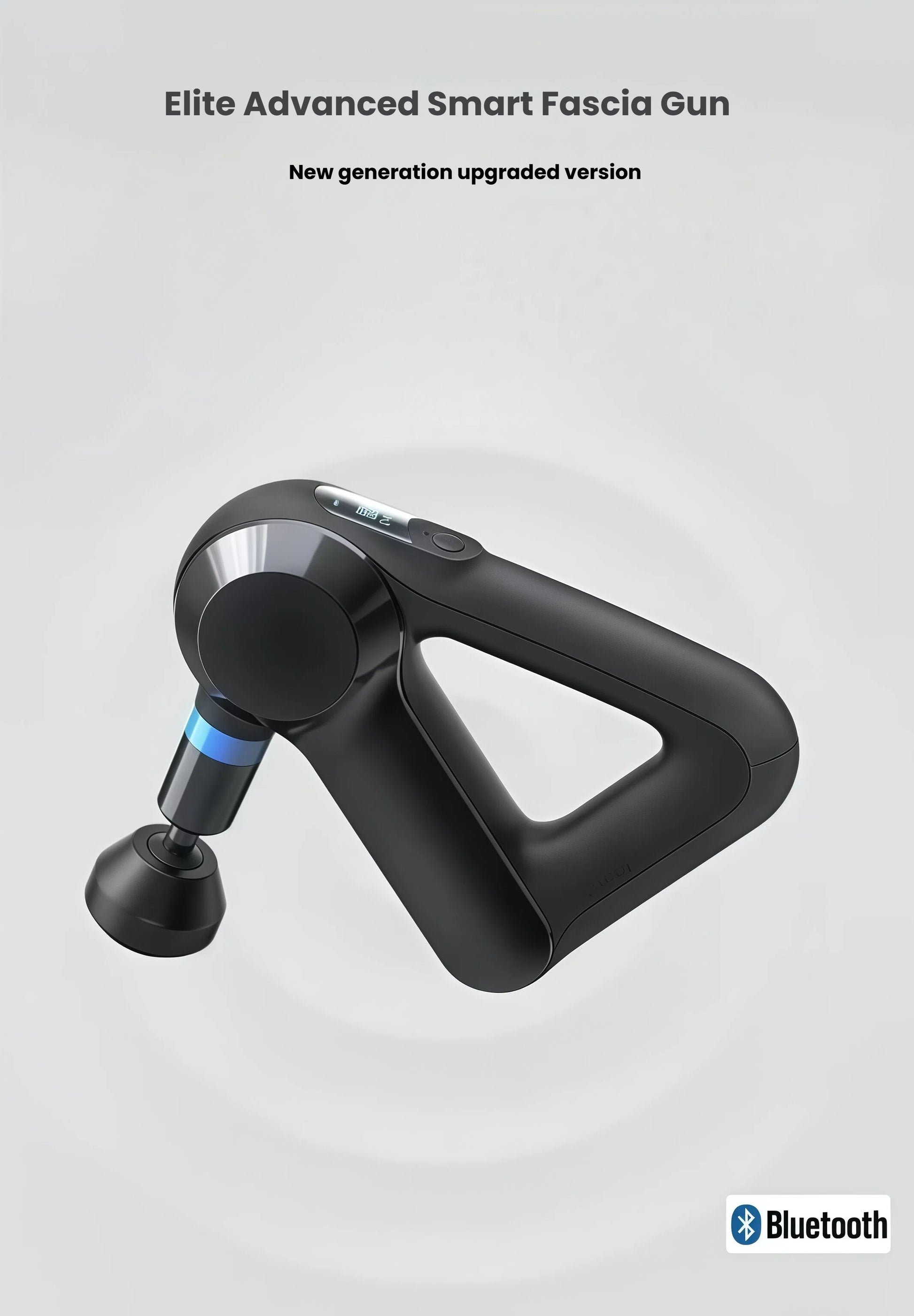 Studio shot of black Theragun Elite G5 massage gun with Bluetooth badge, emphasizing sleek ergonomic triangle design.