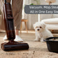 A person uses the Tineco FLOOR ONE S7 Steam to vacuum, mop, and steam clean scattered cat litter in one easy step, showcasing its all-in-one cleaning convenience for pet owners.