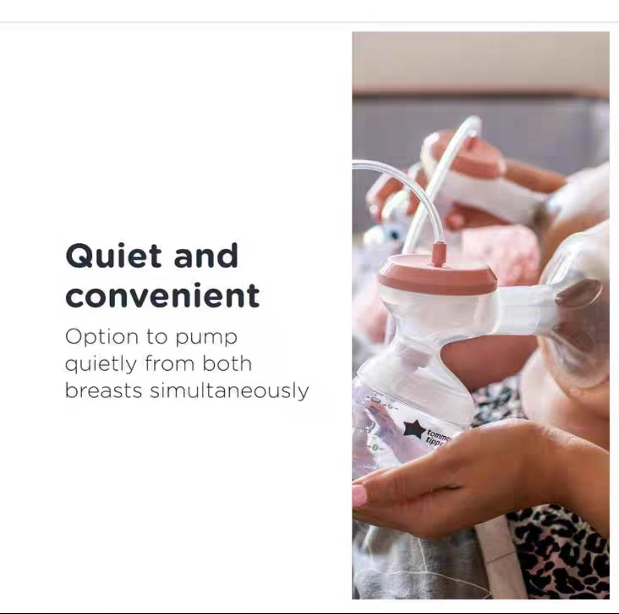 Close-up of hands holding Tommee Tippee double electric breast pump during use. Highlights quiet operation, ergonomic design, and ease of handling both sides simultaneously.