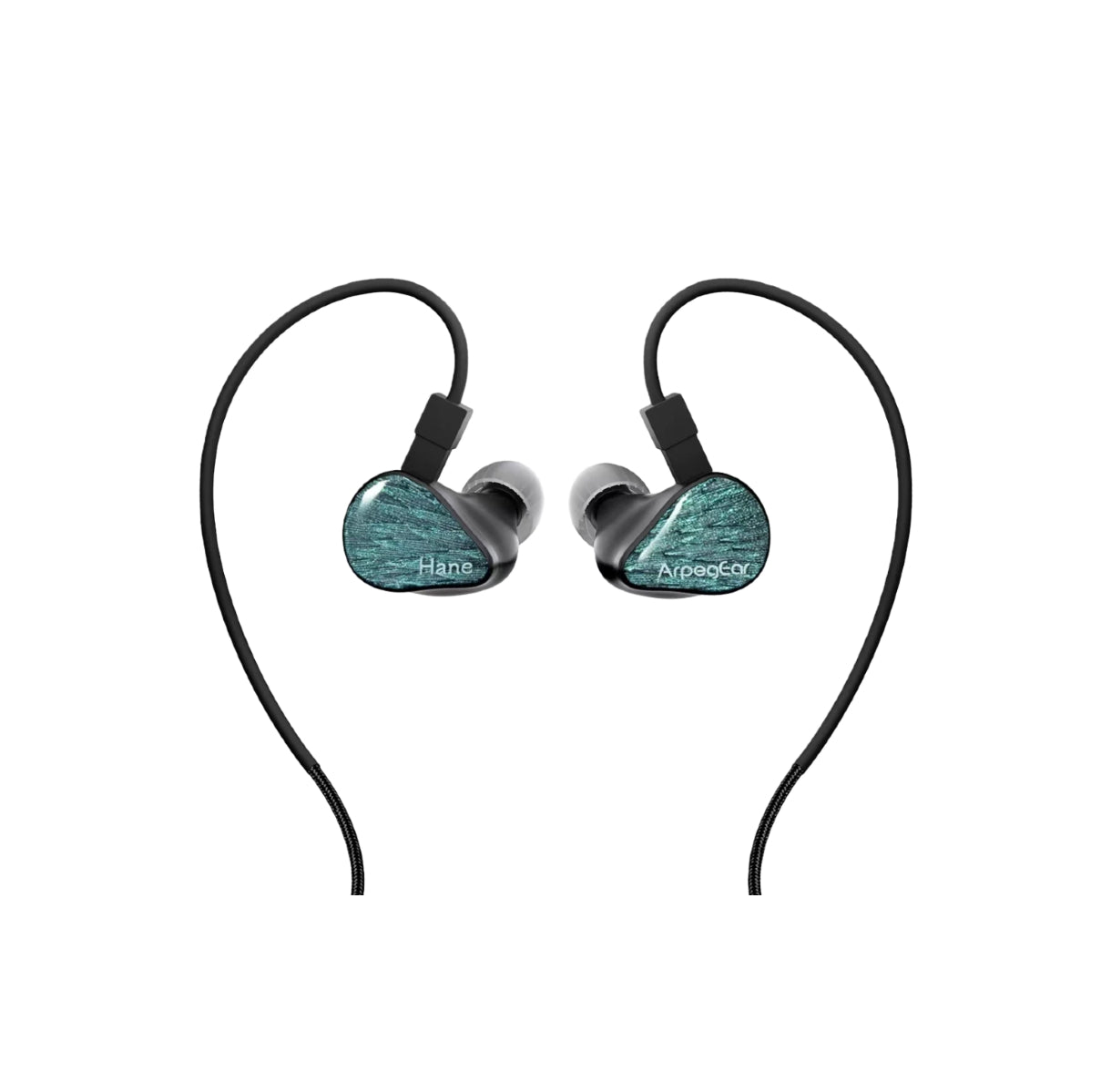Front view of Topping ArpegEar Hane in-ear monitors featuring a sleek black design with teal wood-textured faceplates and braided cable for premium audio performance.