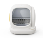 Front view of UB Pet C20 smart automatic litter box featuring white modern design, transparent entry panel, and built-in sifting mechanism for efficient waste separation