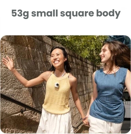  A woman wears the tiny, 53g Insta360 Go Ultra camera on the included magnetic pendant, showcasing its small, square body and suitability for hands-free, everyday capture.