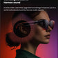 Side profile of woman wearing VITURE Luma Ultra XR glasses with glowing sound waves, illustrating immersive Harman-tuned audio and no sound leakage.