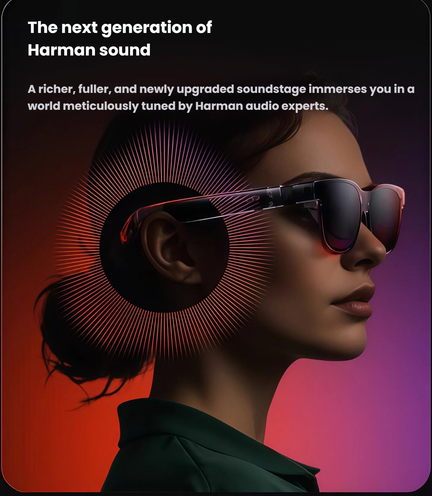 Side profile of woman wearing VITURE Luma Ultra XR glasses with glowing sound waves, illustrating immersive Harman-tuned audio and no sound leakage.