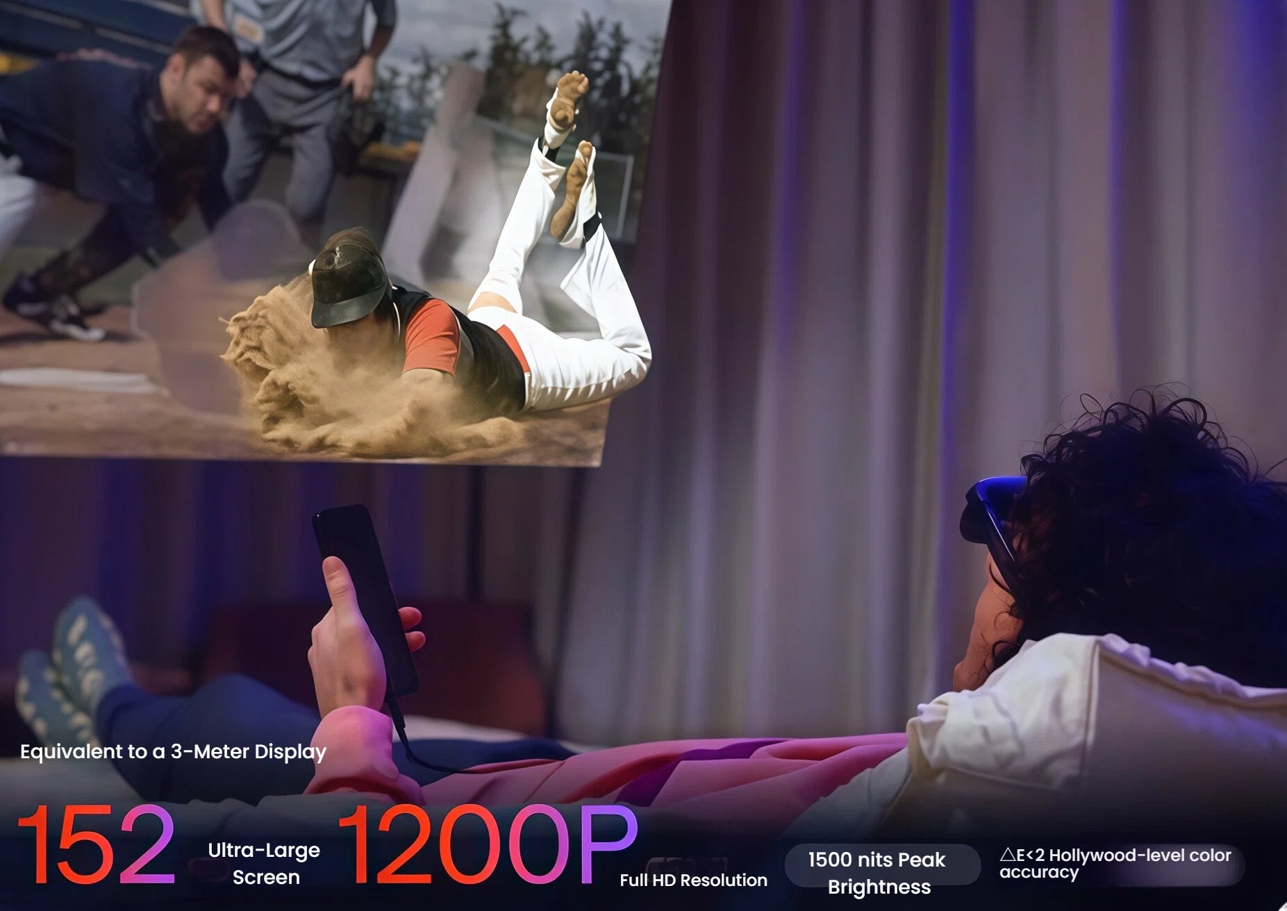 Person reclining while wearing VITURE Luma Ultra XR glasses, enjoying a 3-meter 1200P FHD 1500-nit display with Hollywood-grade color.